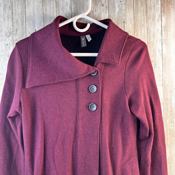 Ibex Reese Cardigan Sweater‎ S Cranberry Red Merino Wool Blend Foldover Collar - Picture 3 of 8
